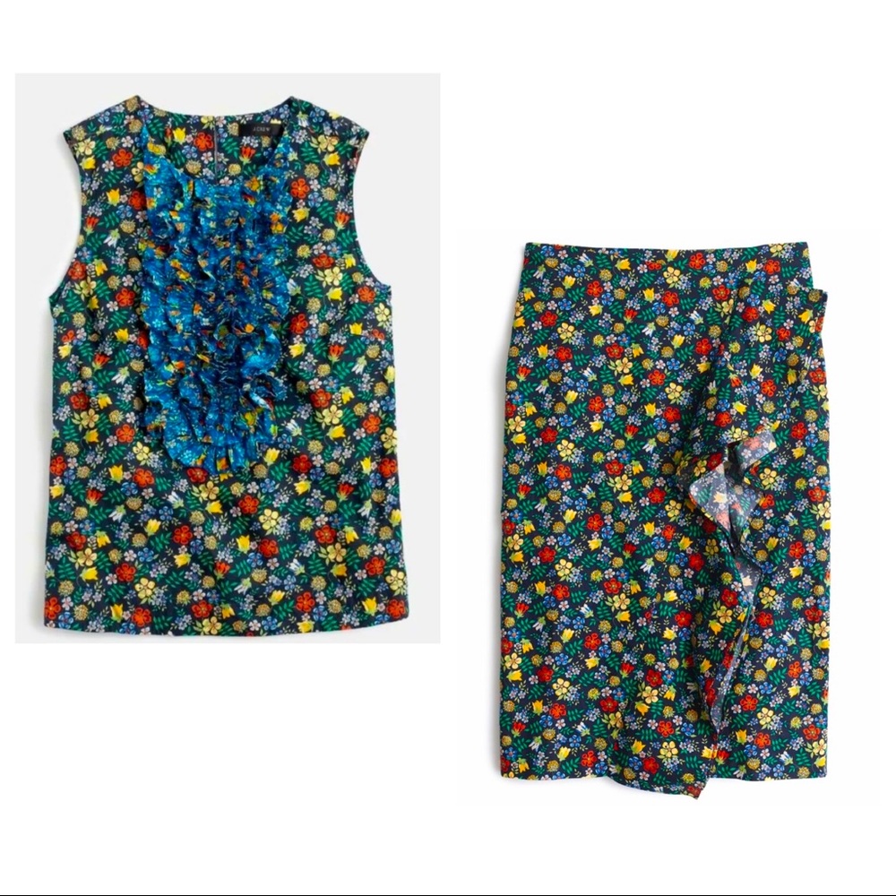 2 PIECE SET J. Crew Ruffle-Front Top & Ruffle Pencil Skirt Liberty Edenham Print